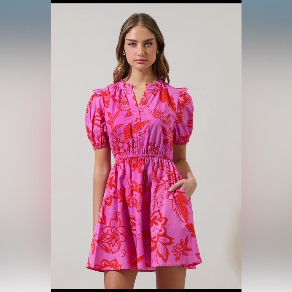 SugarLips Weirly Floral Poplin Mini Dress Red Pink Multi